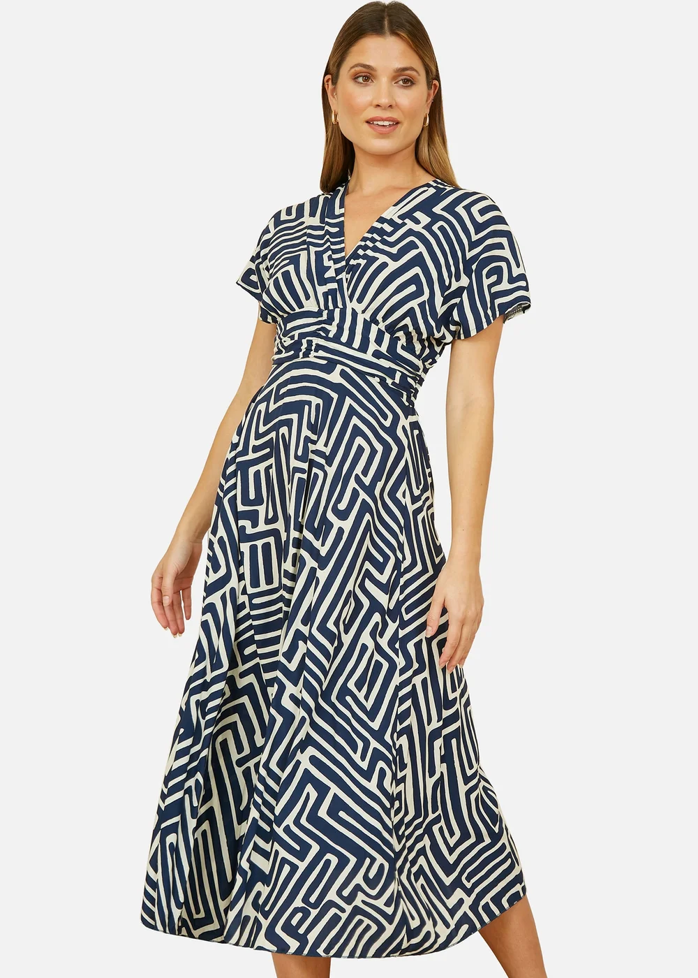 Yumi Navy Geometric Print Ruched Waist Midi Dress With Kimono Sleeves - 8 Image 1