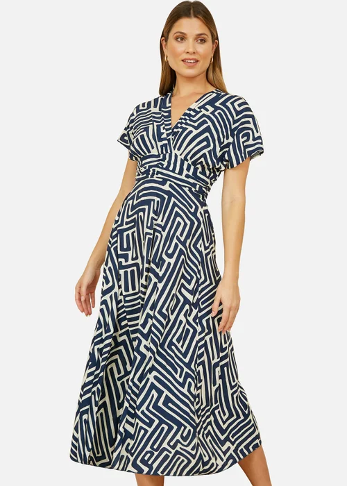 Yumi Navy Geometric Print Ruched Waist Midi Dress With Kimono Sleeves - 8 Image 1