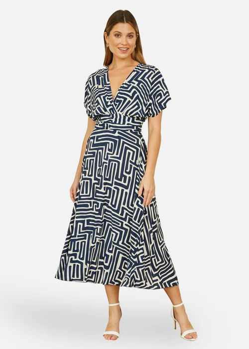 Yumi Navy Geometric Print Ruched Waist Midi Dress With Kimono Sleeves - 8 Image 2