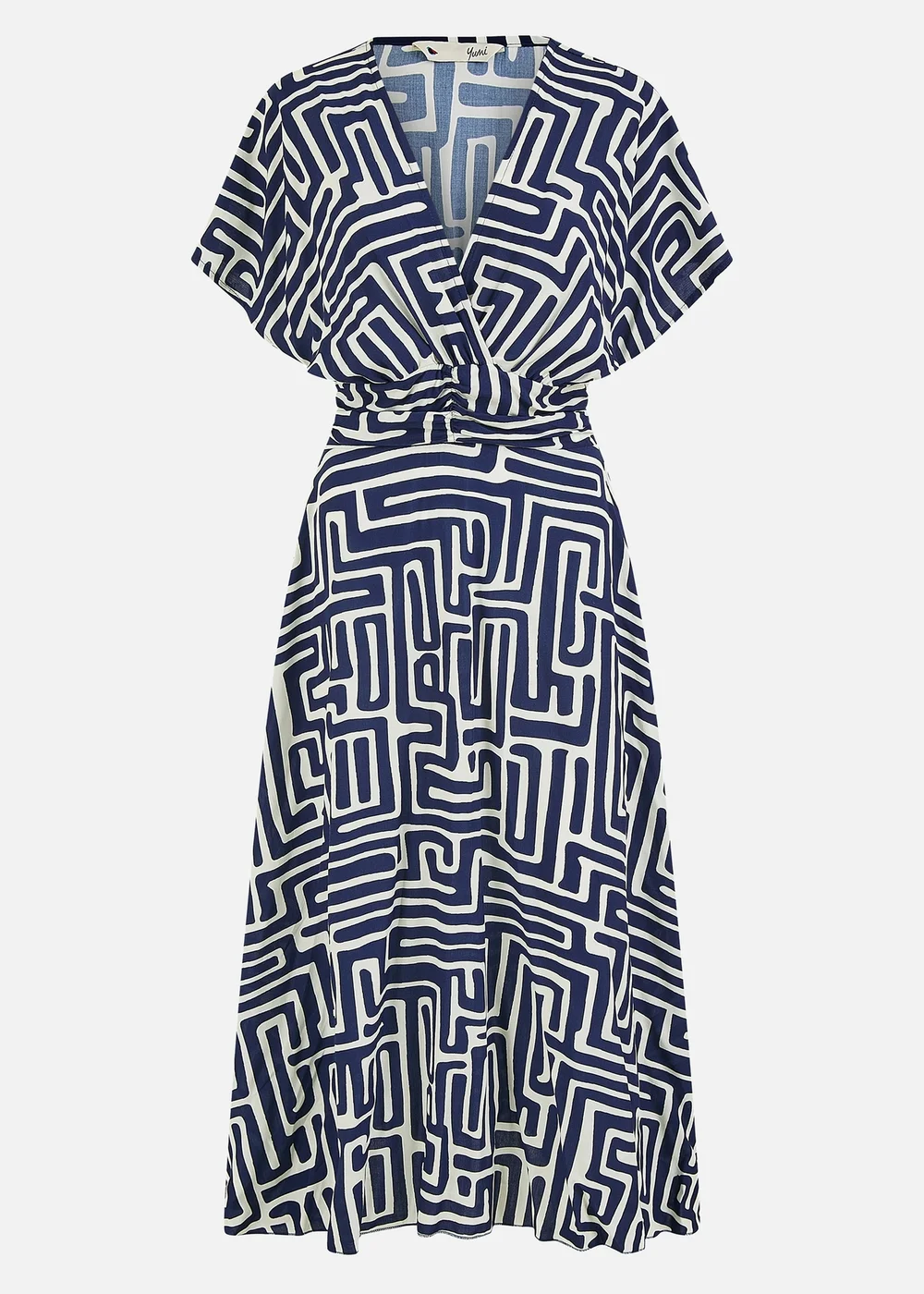 Yumi Navy Geometric Print Ruched Waist Midi Dress With Kimono Sleeves - 8 Image 3