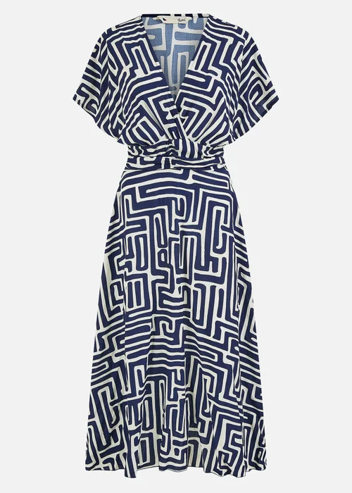 Yumi Navy Geometric Print Ruched Waist Midi Dress With Kimono Sleeves - 8 Image 3