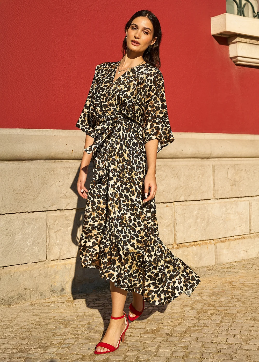 Yumi Brown Leopard Midi Wrap Dress With Kimono Sleeves - 12 | Matalan Yumi Brown Leopard Midi Wrap Dress With Kimono Sleeves - 12 | Matalan