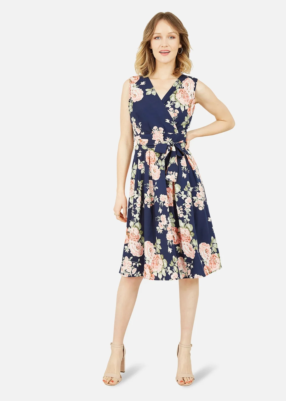 Yumi Navy Rose Printed Wrap Over Sleeveless Skater Dress - 8 Image 1
