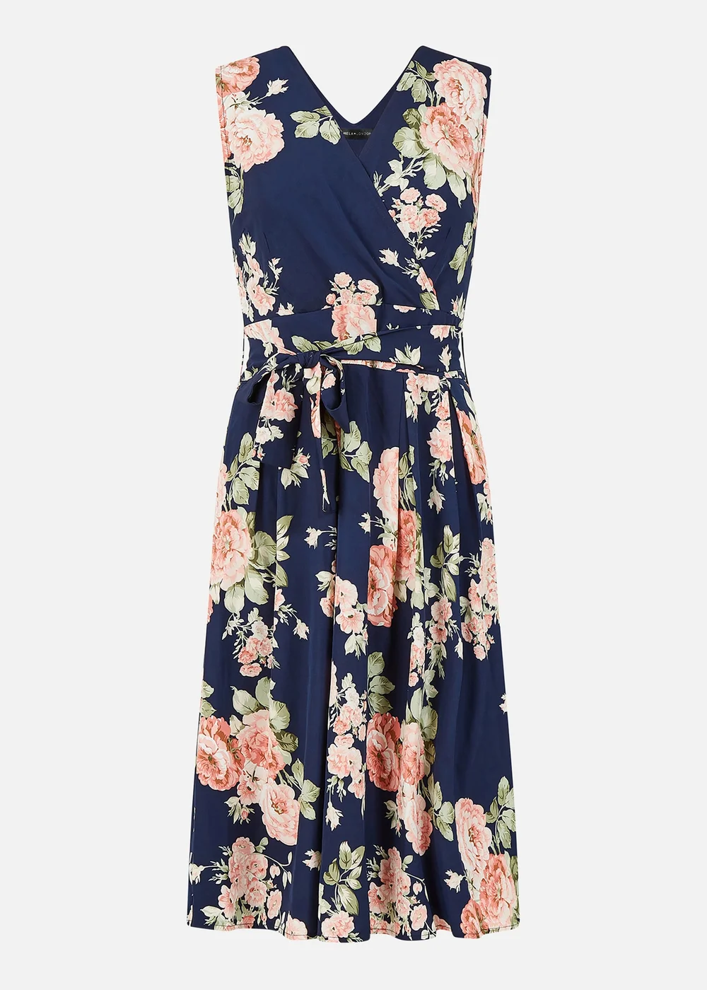 Yumi Navy Rose Printed Wrap Over Sleeveless Skater Dress - 8 Image 3