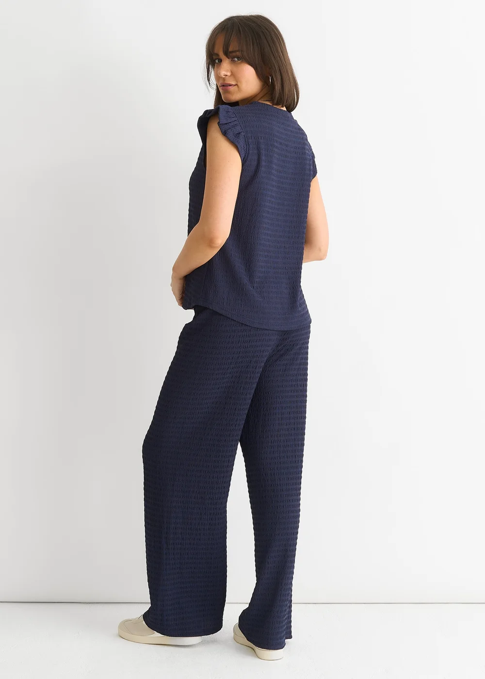 Gini London Dark Blue Frill Sleeves Textured Oversized Top - S/M Image 2