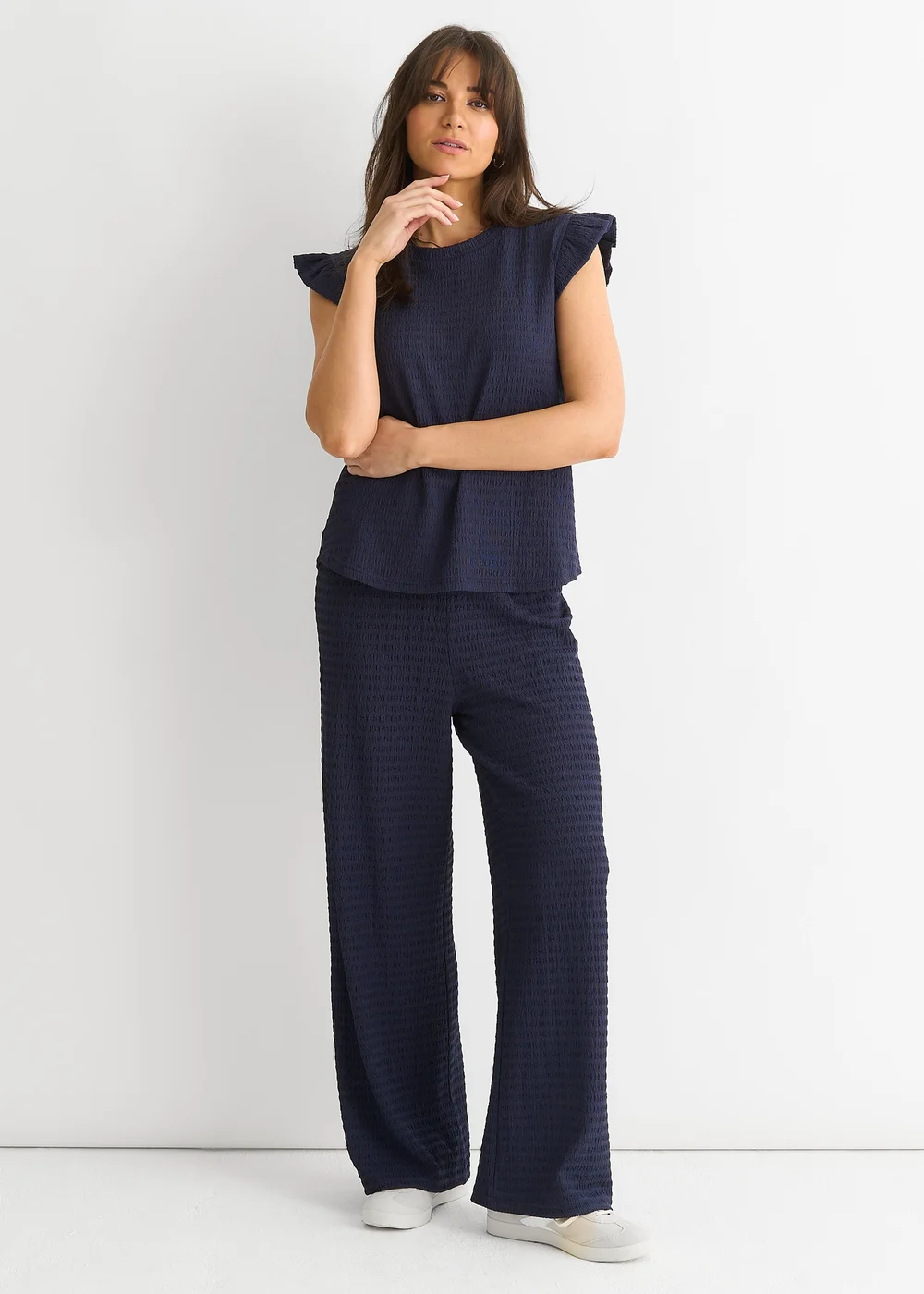 Gini London Dark Blue Frill Sleeves Textured Oversized Top - S/M Image 4