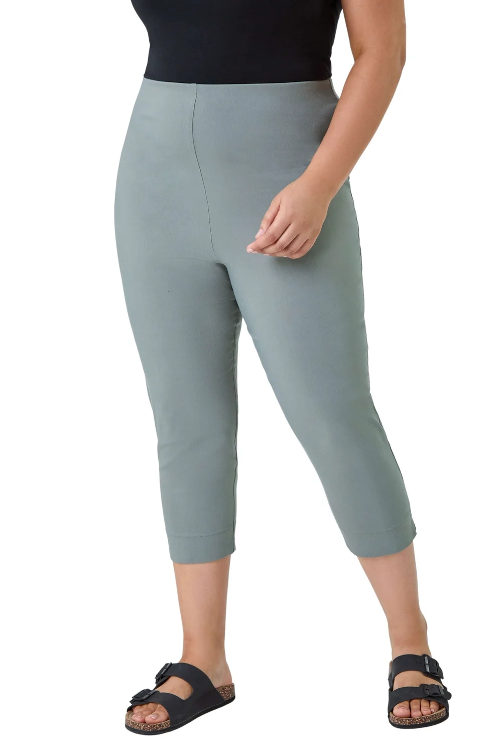 Roman Khaki Curve Cropped Elastic Waist Stretch Trouser - 30-32 Image 2