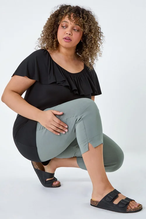 Roman Khaki Curve Cropped Elastic Waist Stretch Trouser - 30-32 Image 3