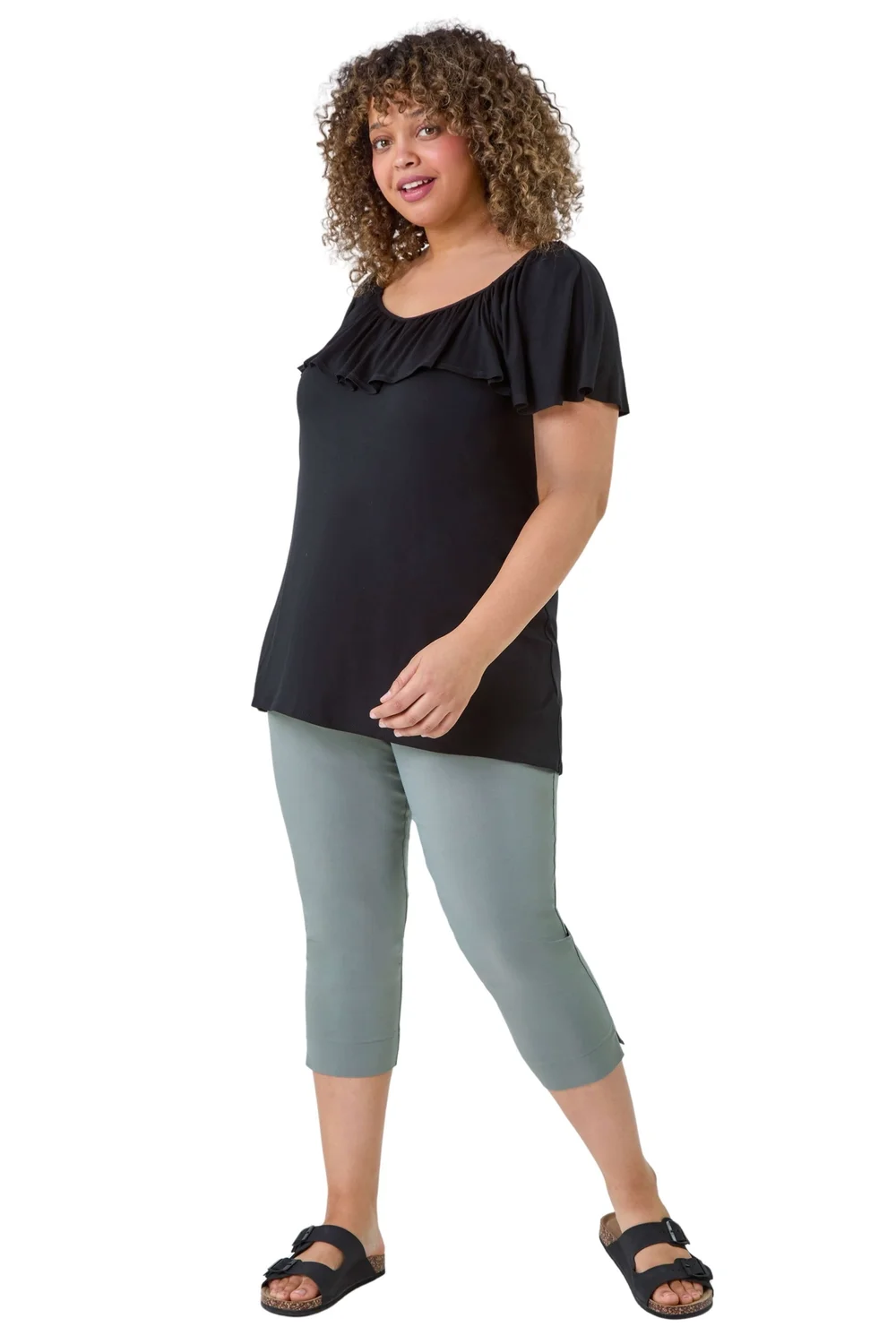 Roman Khaki Curve Cropped Elastic Waist Stretch Trouser - 30-32 Image 1