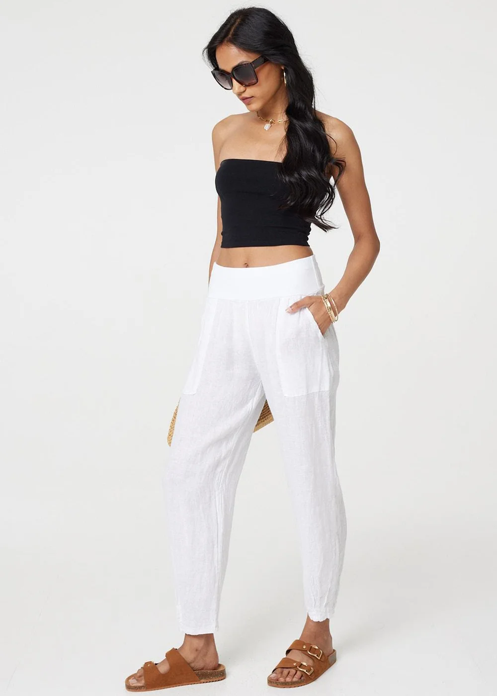 Izabel London White Relaxed Linen Tapered Trousers - 8 Image 1