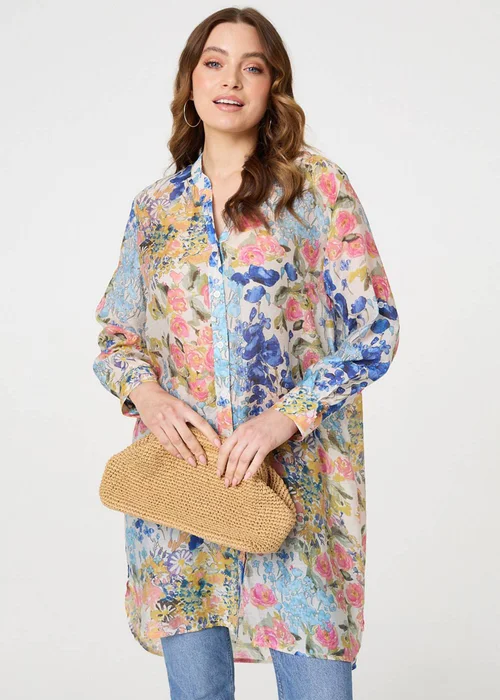 Izabel London Blue Floral Print Longline Semi Sheer Shirt - 8 Image 1