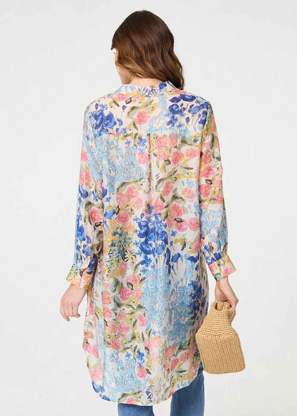 Izabel London Blue Floral Print Longline Semi Sheer Shirt - 8 Image 2