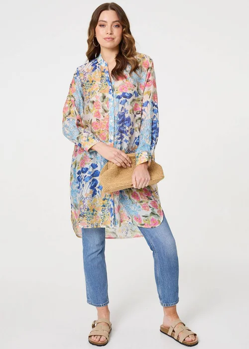Izabel London Blue Floral Print Longline Semi Sheer Shirt - 8 Image 4