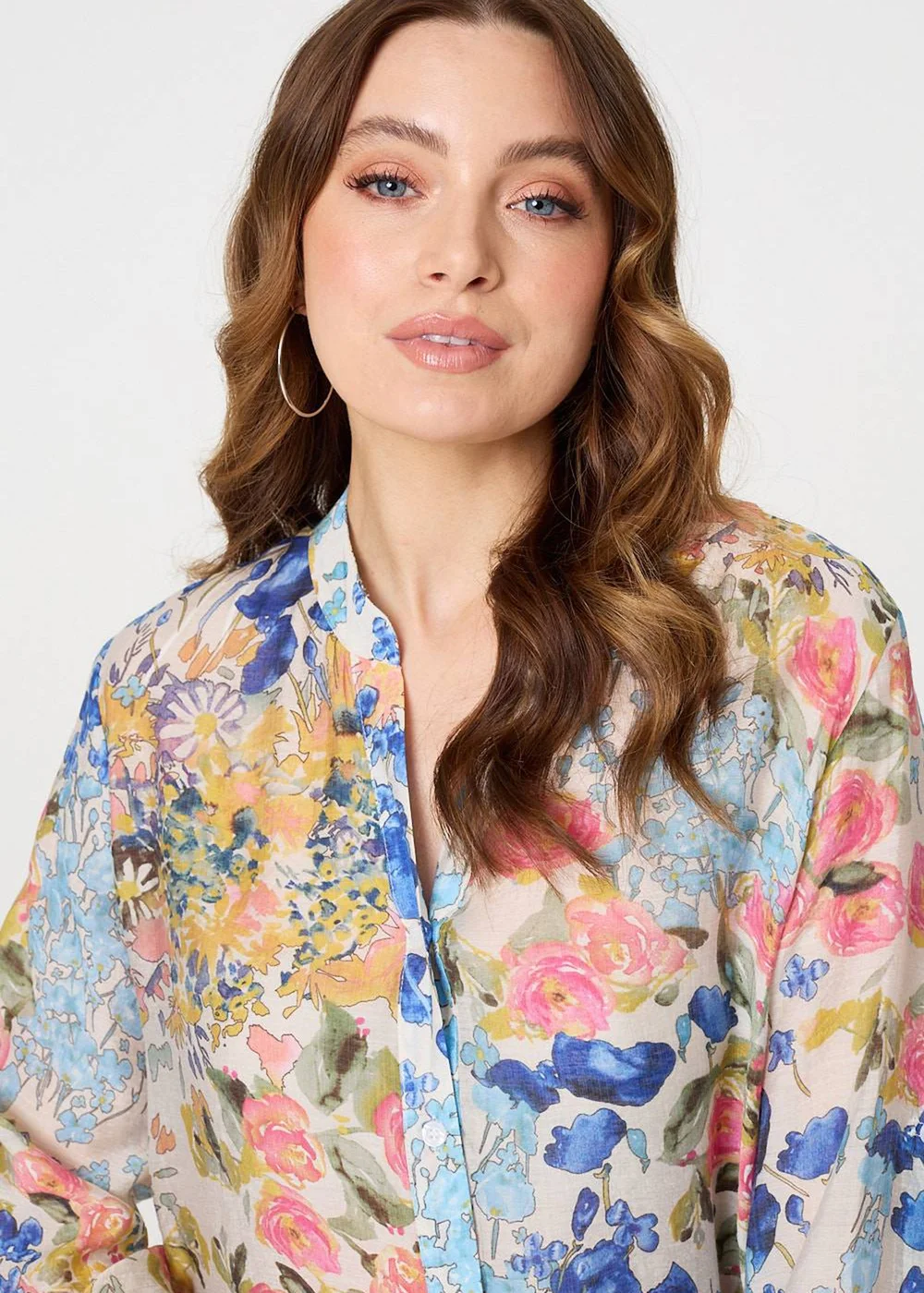 Izabel London Blue Floral Print Longline Semi Sheer Shirt - 8 Image 3