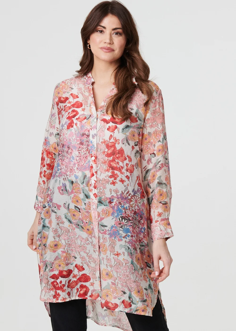 Izabel London Pink Floral Print Longline Semi Sheer Shirt - 14 Image 1