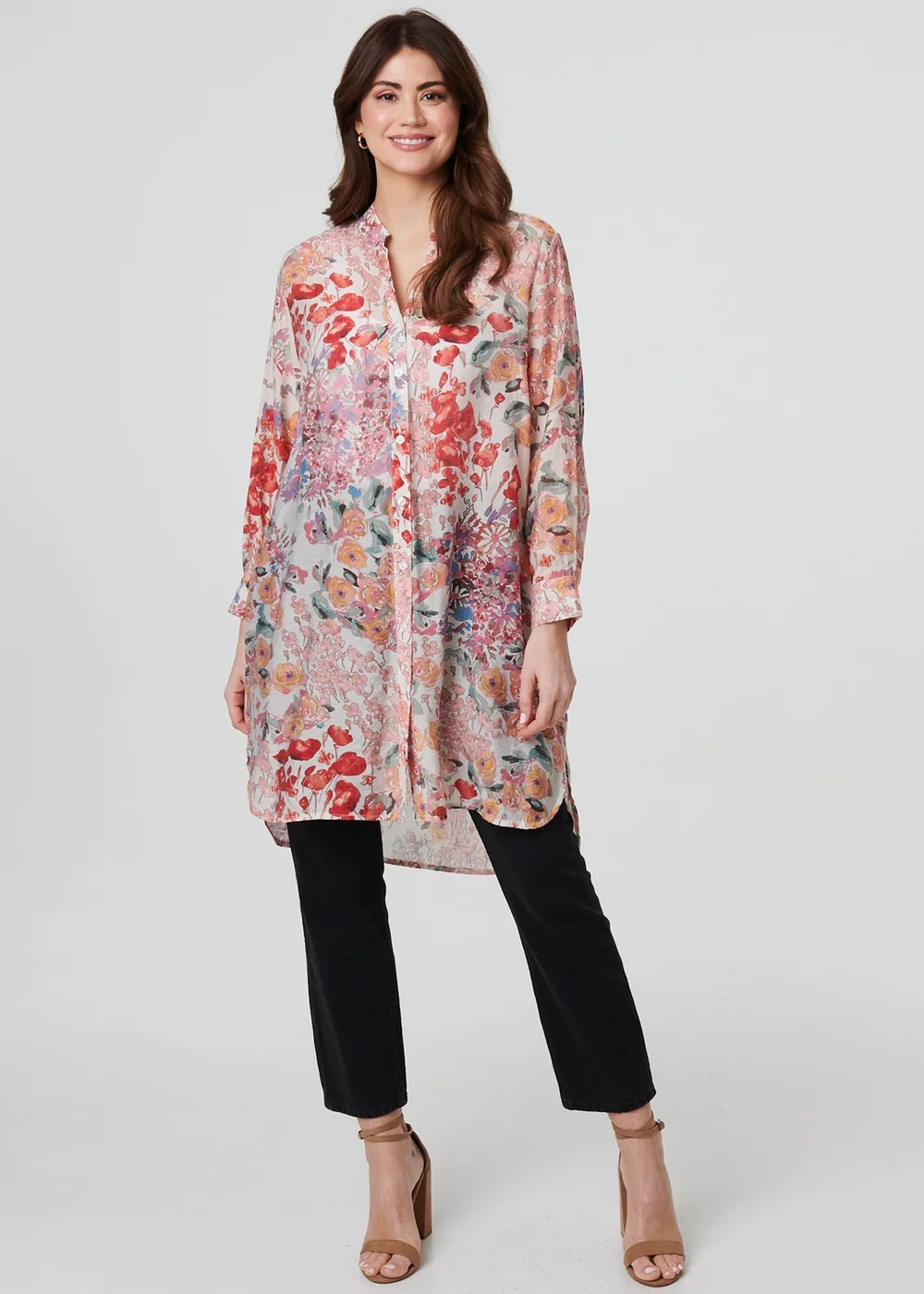 Izabel London Pink Floral Print Longline Semi Sheer Shirt - 14 Image 4