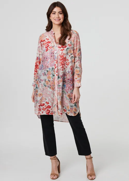 Izabel London Pink Floral Print Longline Semi Sheer Shirt - 14 Image 4