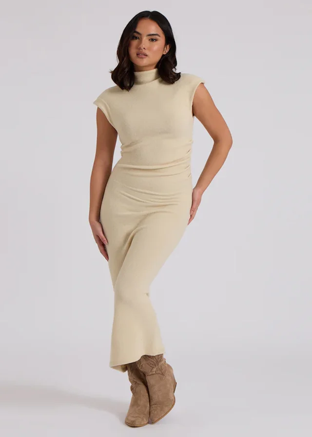 Urban Bliss Cream Brushed Jersey Ruched Midaxi Dress