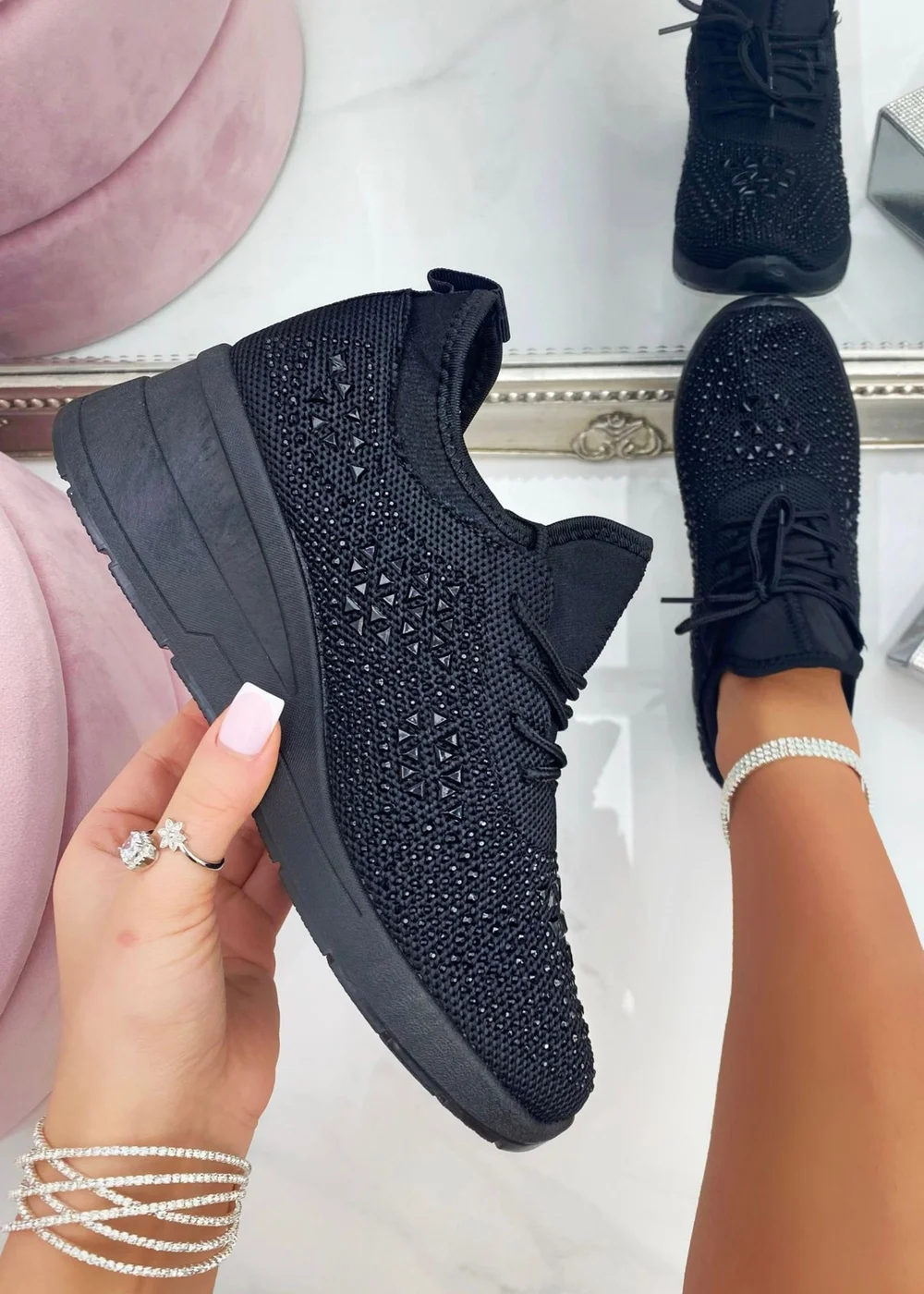 Love Lemonade Black Crystal Stretch Comfort Wedge Trainers - 3 Image 1