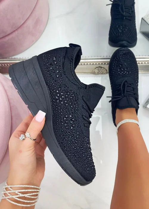 Love Lemonade Black Crystal Stretch Comfort Wedge Trainers - 3 Image 1