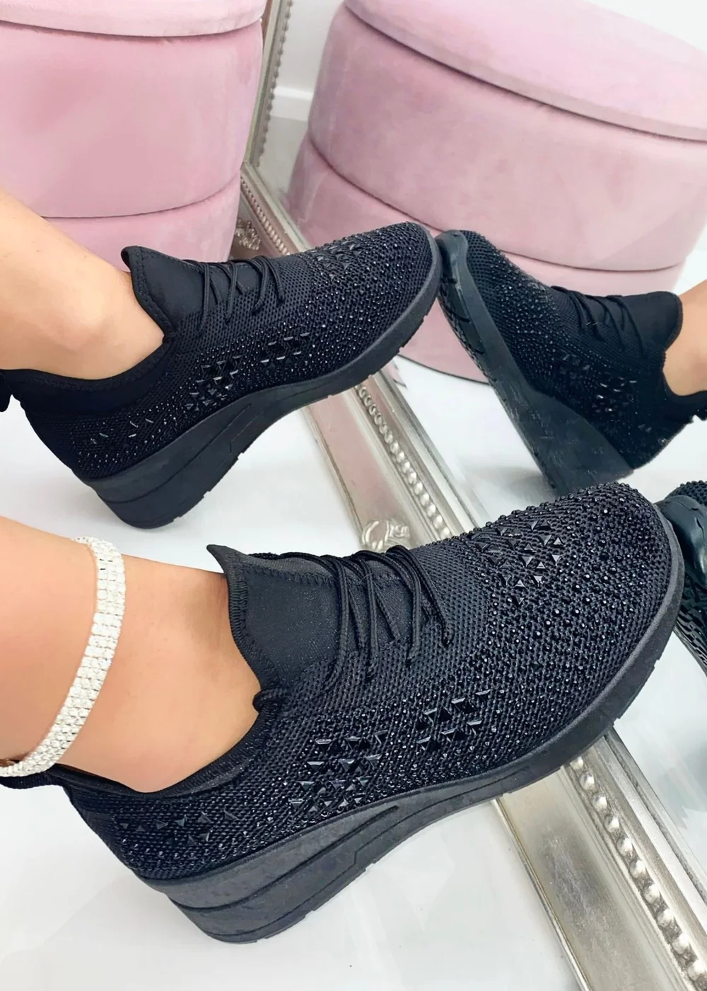 Love Lemonade Black Crystal Stretch Comfort Wedge Trainers - 3 Image 3