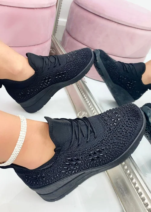Love Lemonade Black Crystal Stretch Comfort Wedge Trainers - 3 Image 3