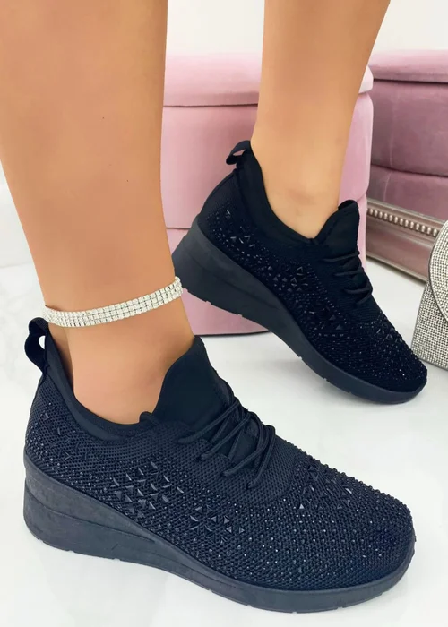 Love Lemonade Black Crystal Stretch Comfort Wedge Trainers - 3 Image 2