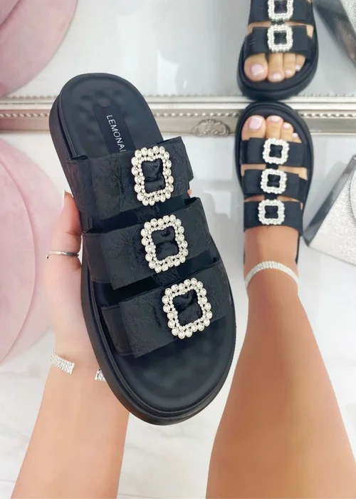 Love Lemonade Black Crystal Buckle Triple Bow Sliders - 3 Image 2