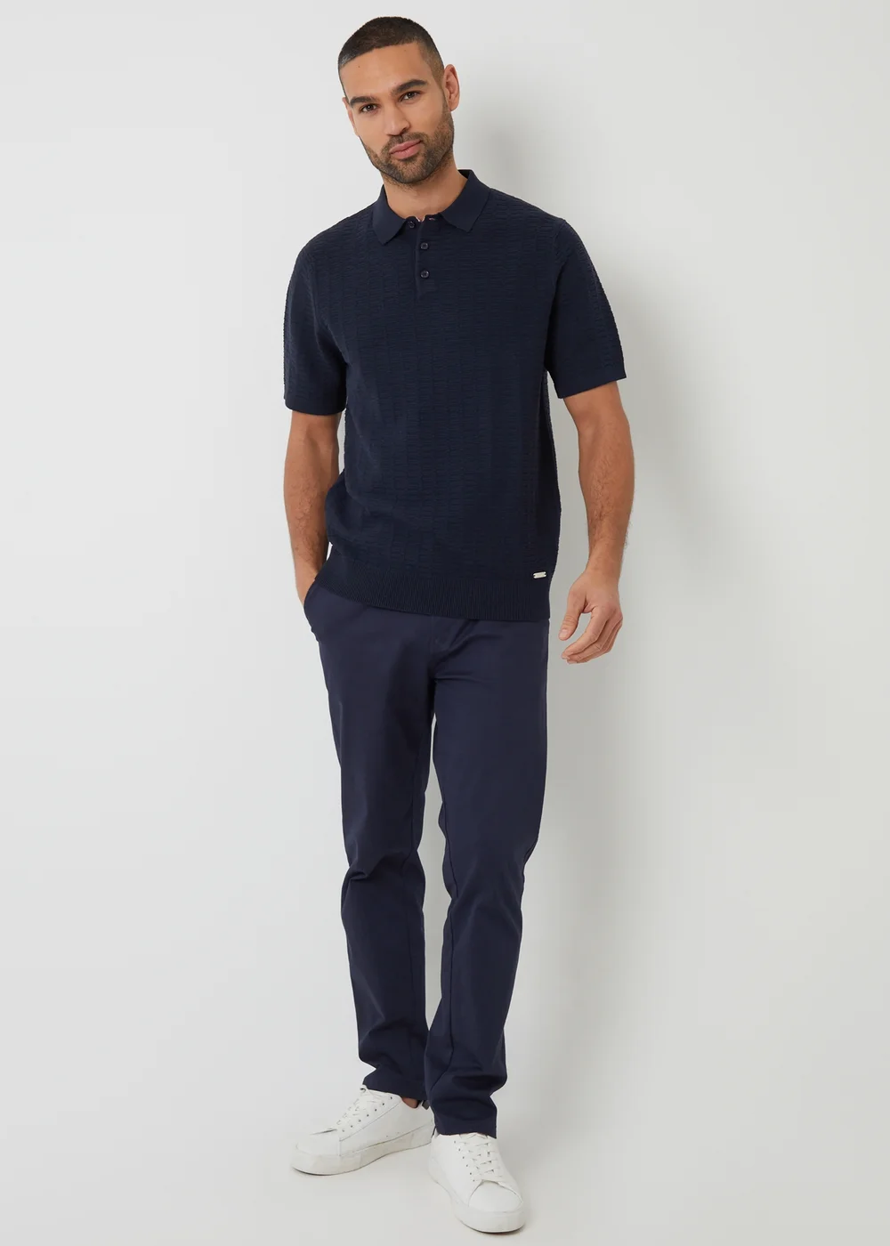 Threadbare Navy Cotton Mix Short Sleeve Textured Knitted Polo Shirt - S Image 4