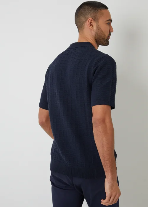 Threadbare Navy Cotton Mix Short Sleeve Textured Knitted Polo Shirt - S Image 2