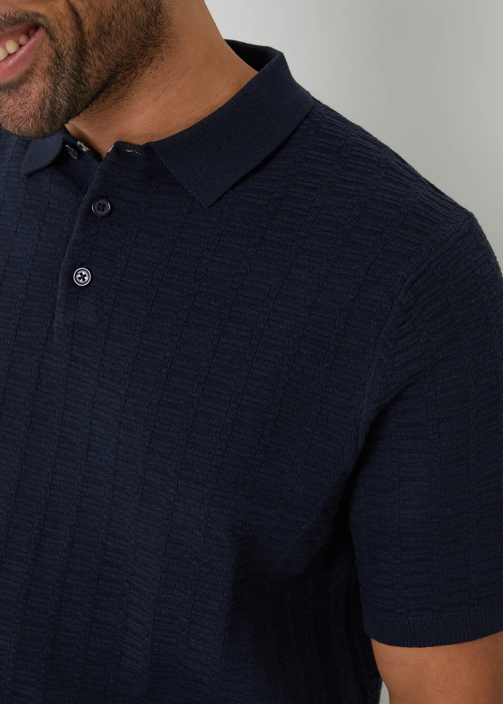 Threadbare Navy Cotton Mix Short Sleeve Textured Knitted Polo Shirt - S Image 3