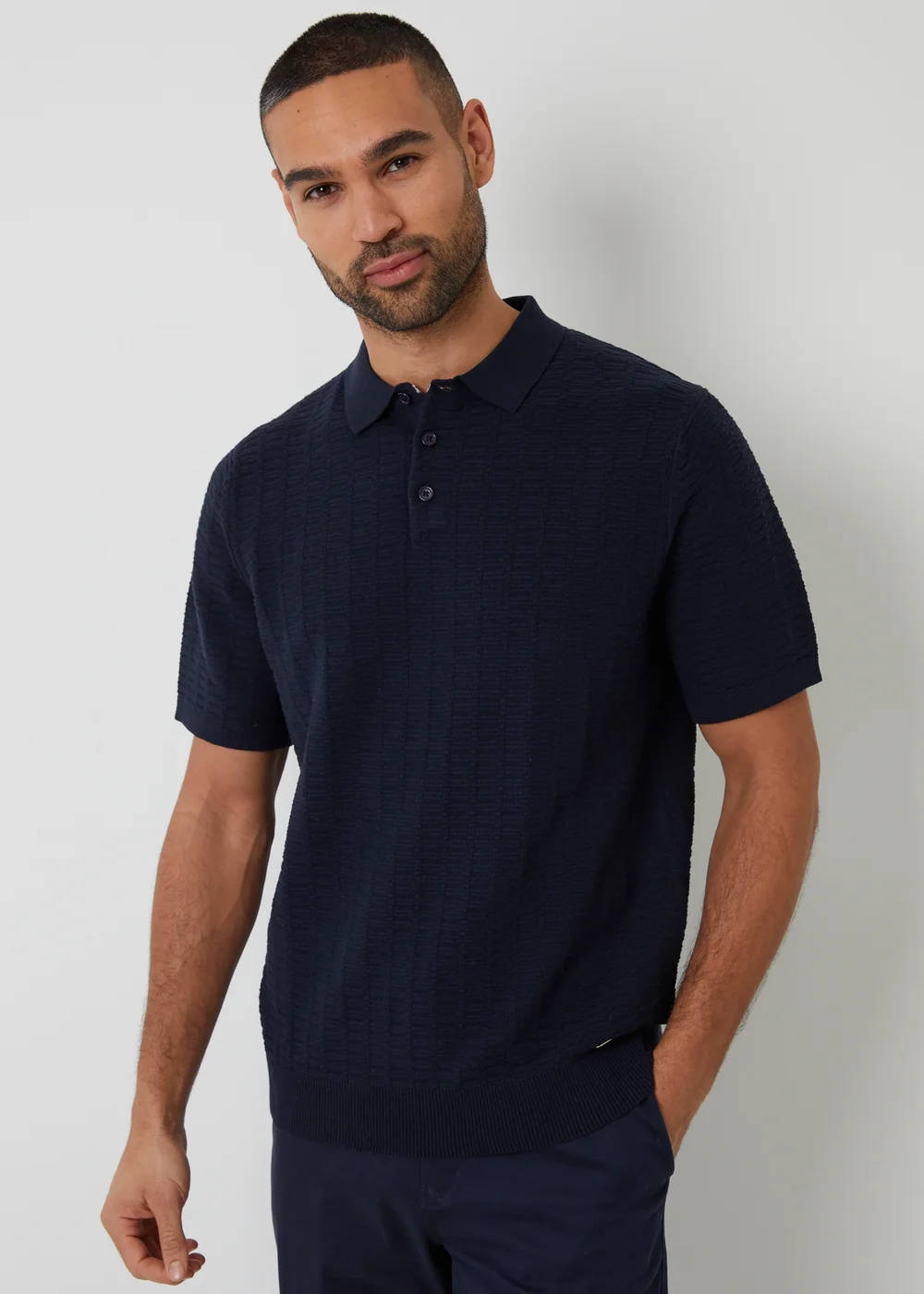 Threadbare Navy Cotton Mix Short Sleeve Textured Knitted Polo Shirt - S Image 1