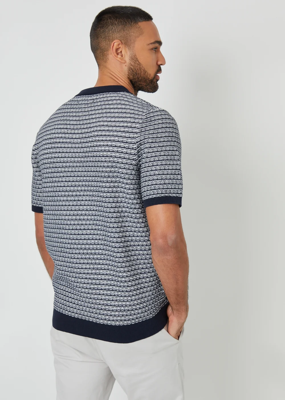 Threadbare Navy Textured Stripe Trophy Neck Knitted Polo Shirt - S Image 2