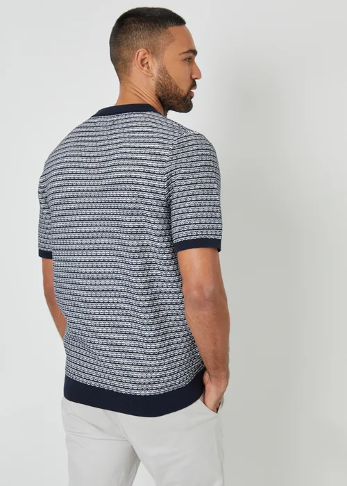 Threadbare Navy Textured Stripe Trophy Neck Knitted Polo Shirt - S Image 2