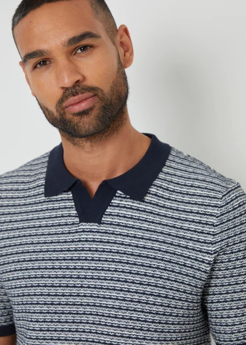 Threadbare Navy Textured Stripe Trophy Neck Knitted Polo Shirt - S Image 4