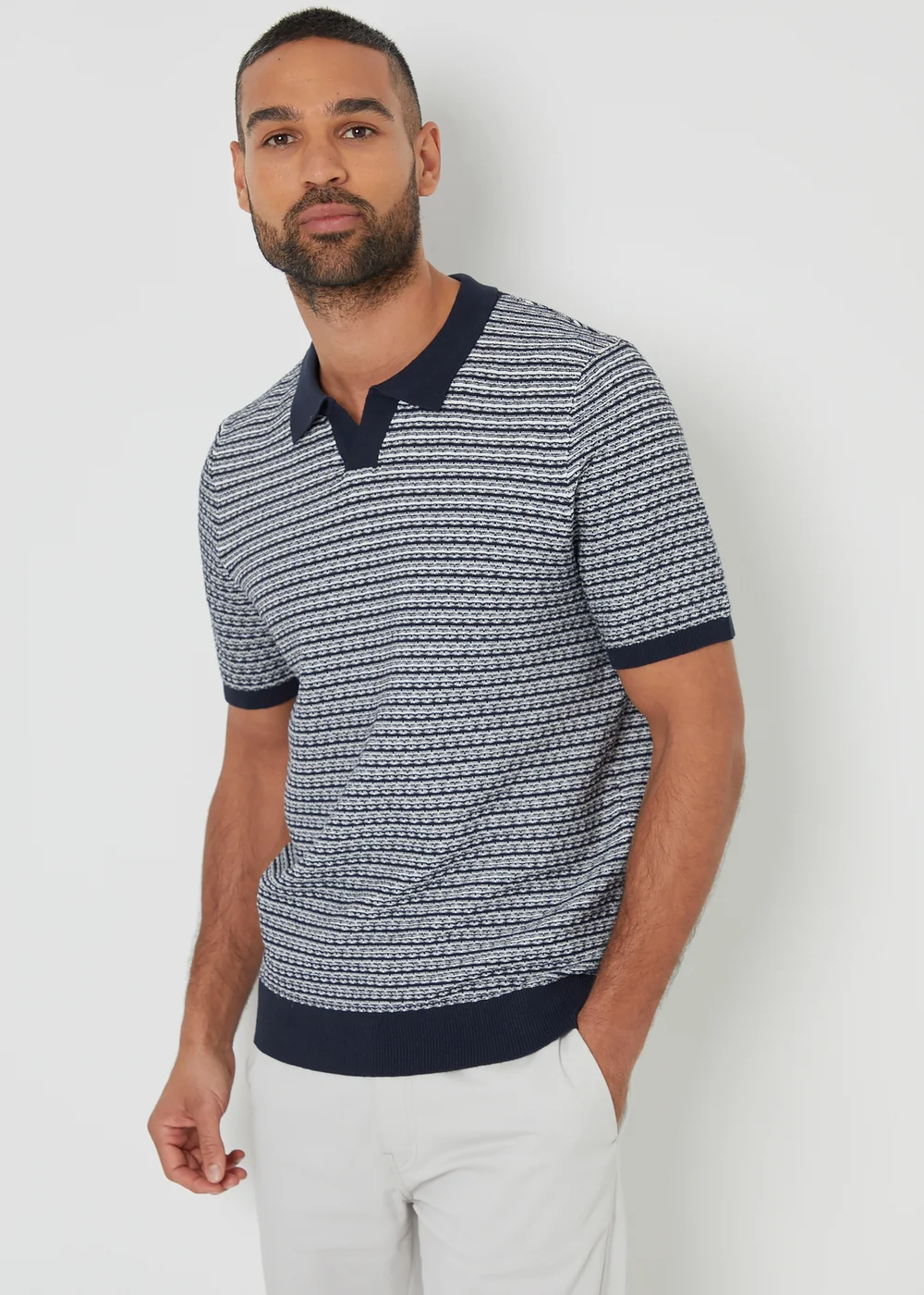 Threadbare Navy Textured Stripe Trophy Neck Knitted Polo Shirt - S Image 1