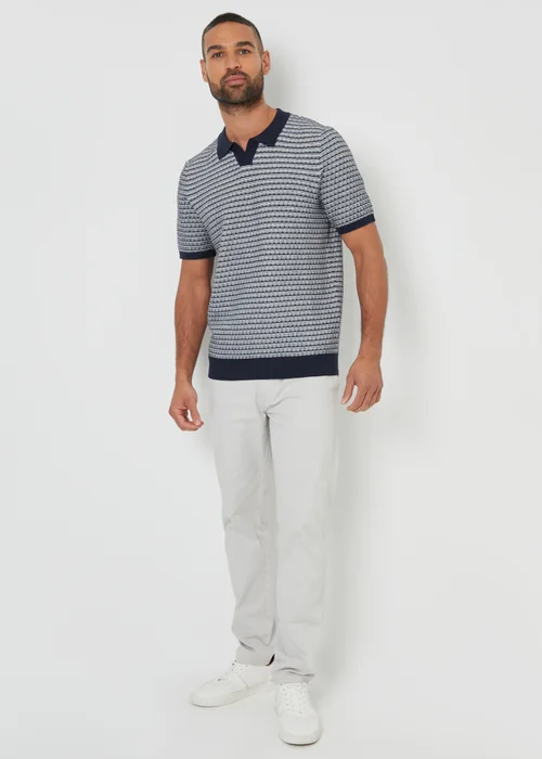 Threadbare Navy Textured Stripe Trophy Neck Knitted Polo Shirt - S Image 3