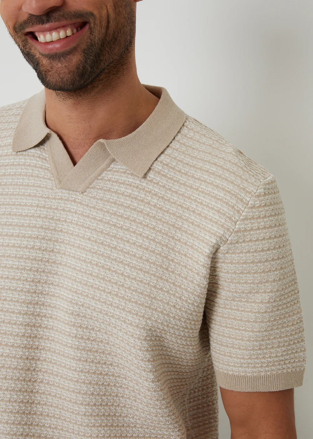 Threadbare Beige Textured Stripe Trophy Neck Knitted Polo Shirt - 2XL Image 4