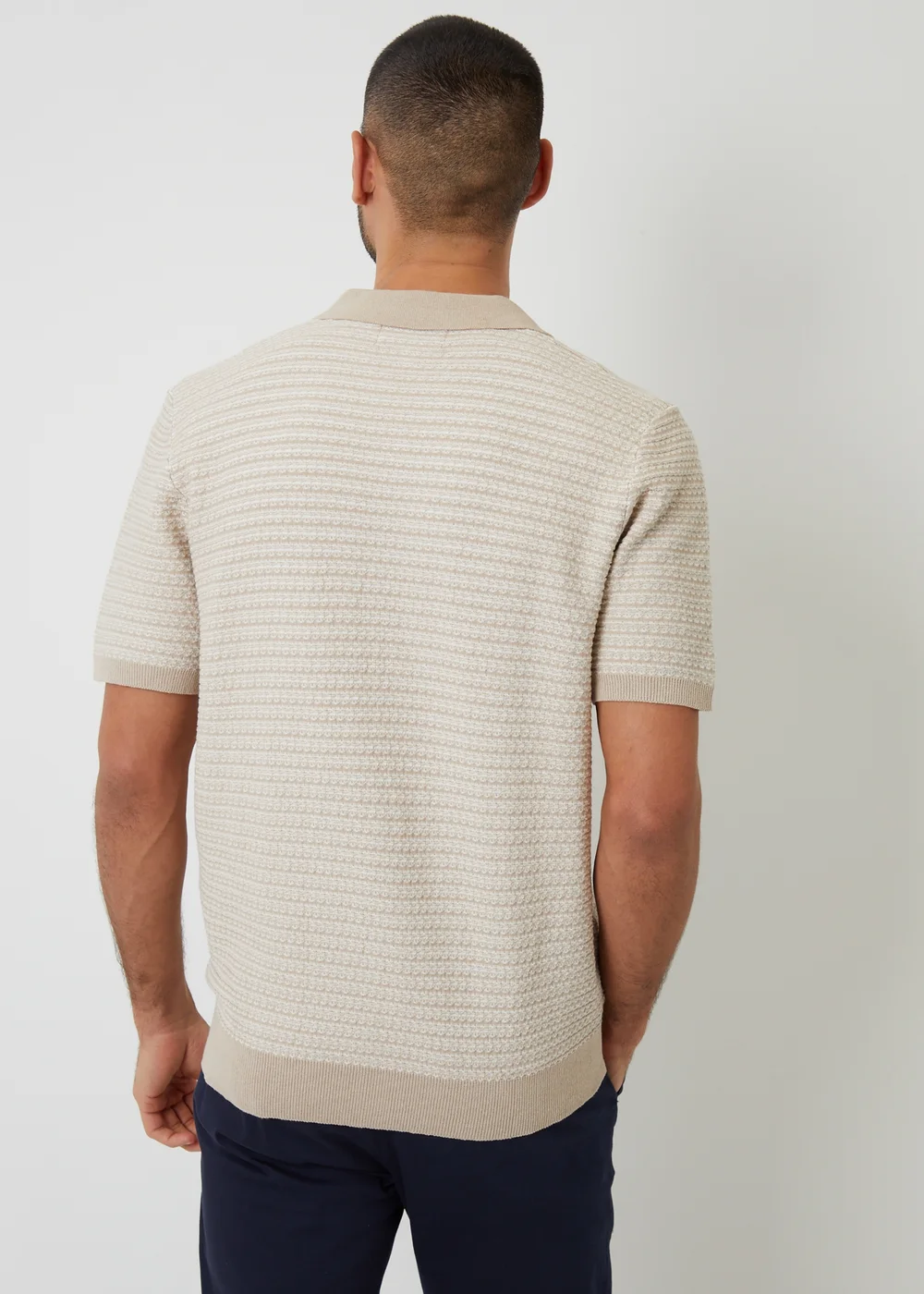 Threadbare Beige Textured Stripe Trophy Neck Knitted Polo Shirt - 2XL Image 2