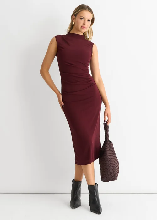 Gini London Burgundy Plain Ruched Jersey Midi Dress - 14 Image 1