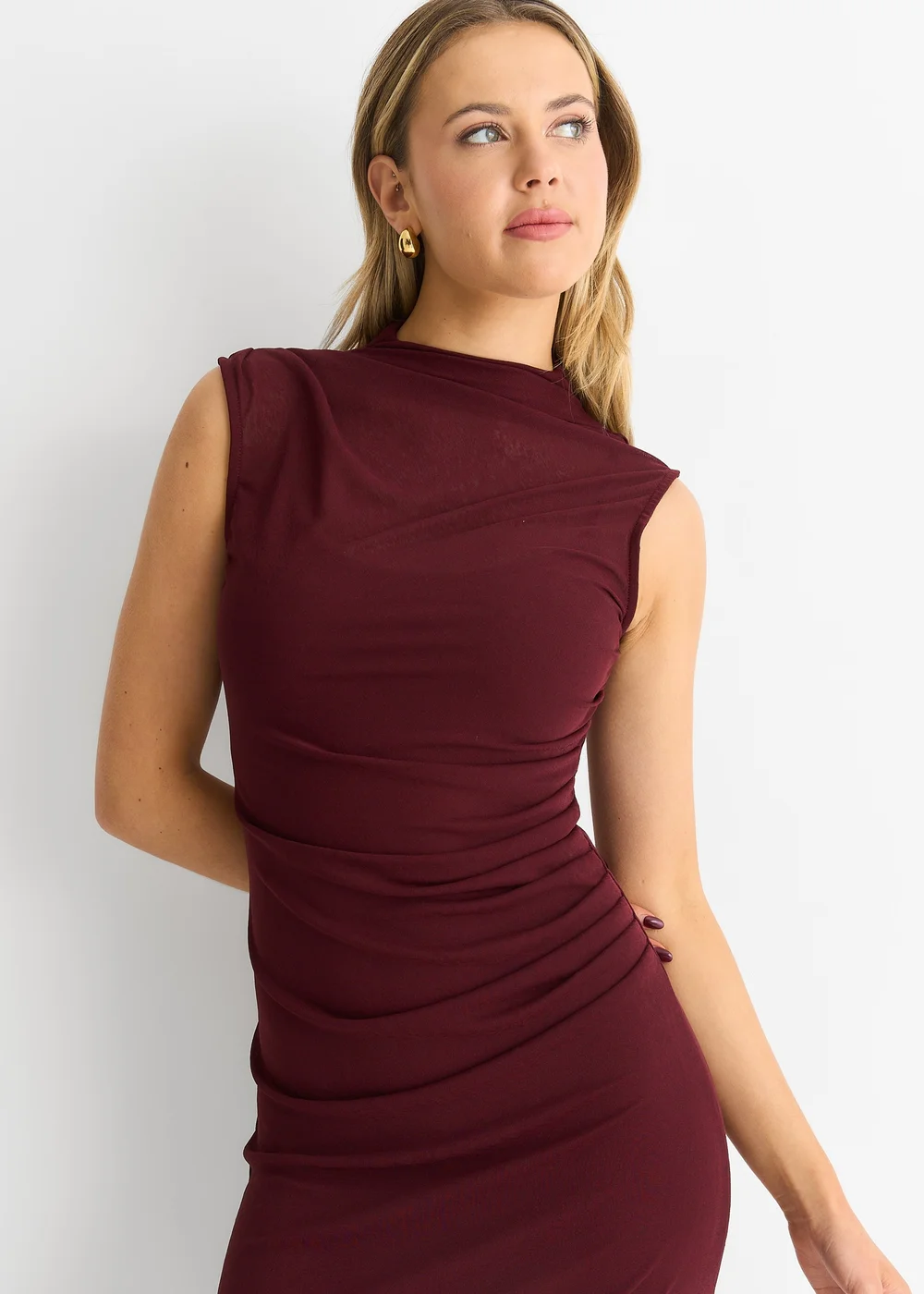 Gini London Burgundy Plain Ruched Jersey Midi Dress - 14 Image 3