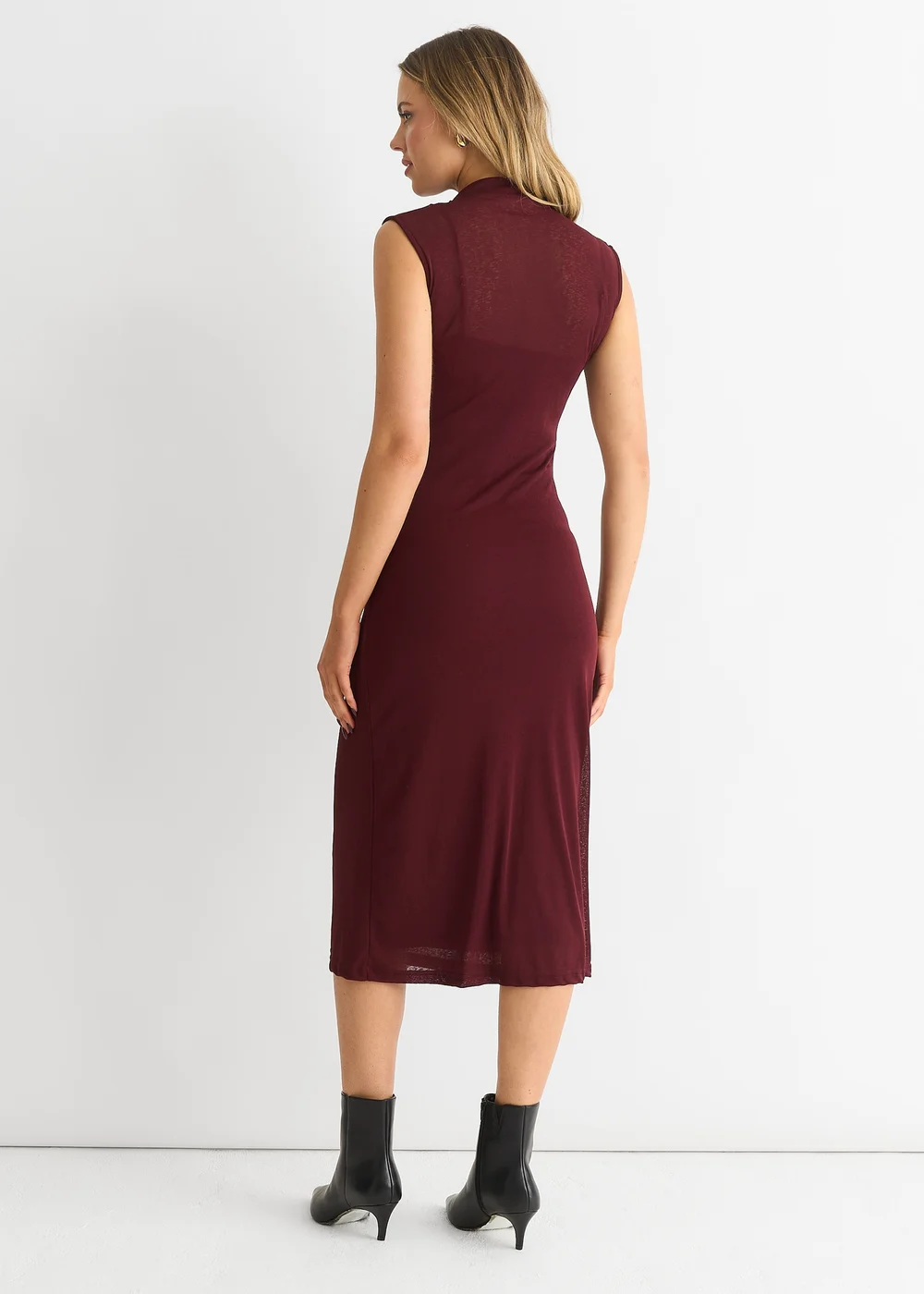 Gini London Burgundy Plain Ruched Jersey Midi Dress - 14 Image 2