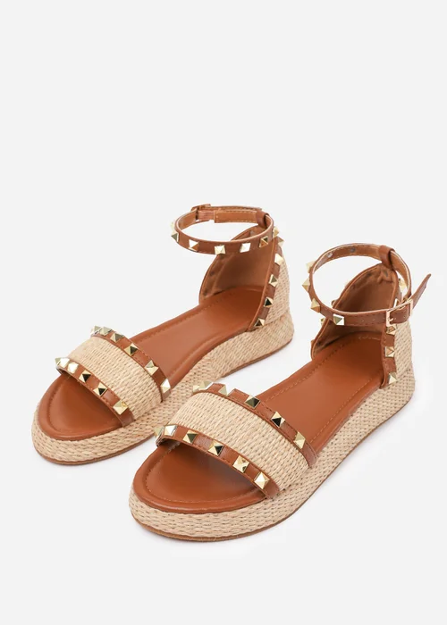 Where's That From Tan PU Aviva Studded Gladiator Espadrille Flatform - 4 Image 3
