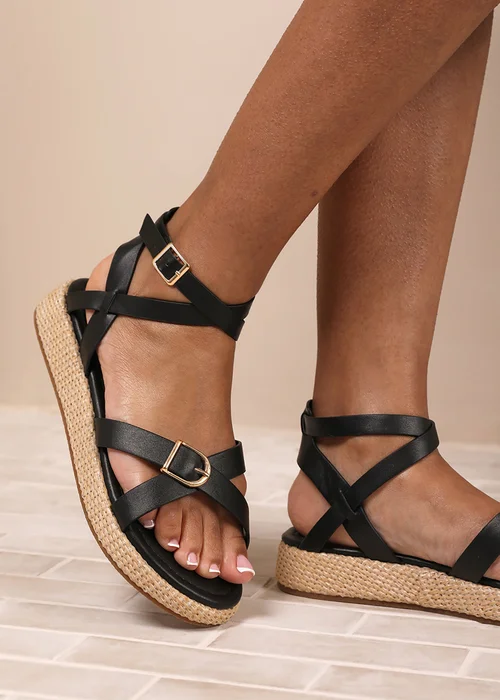 Where's That From Black PU Alora Cross-Over Buckle Strap Sandals - 4 Image 1