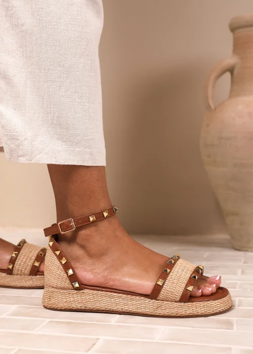 Where's That From Tan-PU Aviva Wide-Fit Studded Gladiator Espadrille Flatform - 5 Image 1