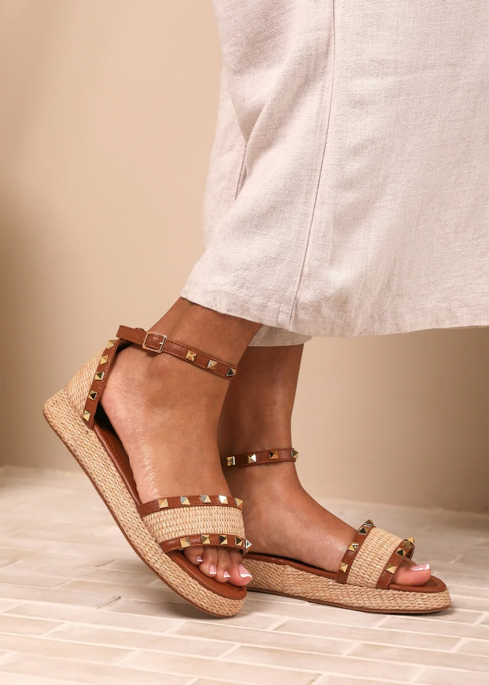 Where's That From Tan-PU Aviva Wide-Fit Studded Gladiator Espadrille Flatform - 5 Image 5