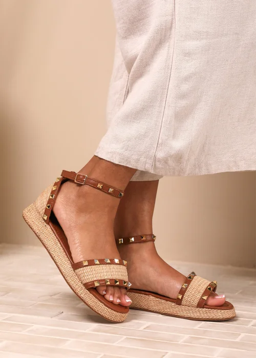 Where's That From Tan-PU Aviva Wide-Fit Studded Gladiator Espadrille Flatform - 5 Image 5