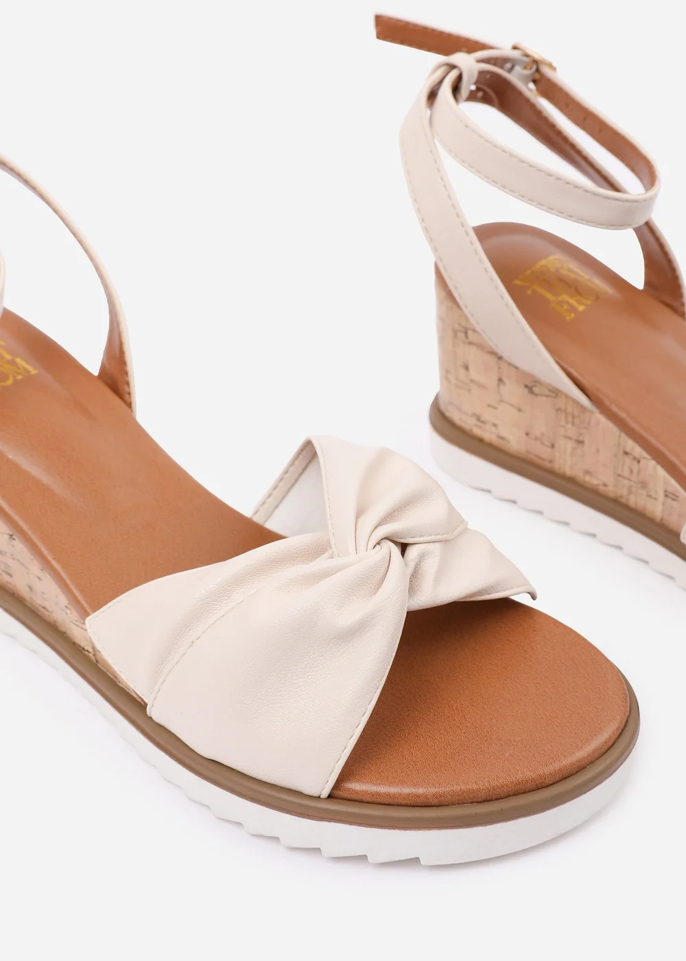 Where's That From Cream-PU Katara Wide-Fit Knot Detail Wedge Shoes - 6 Image 4