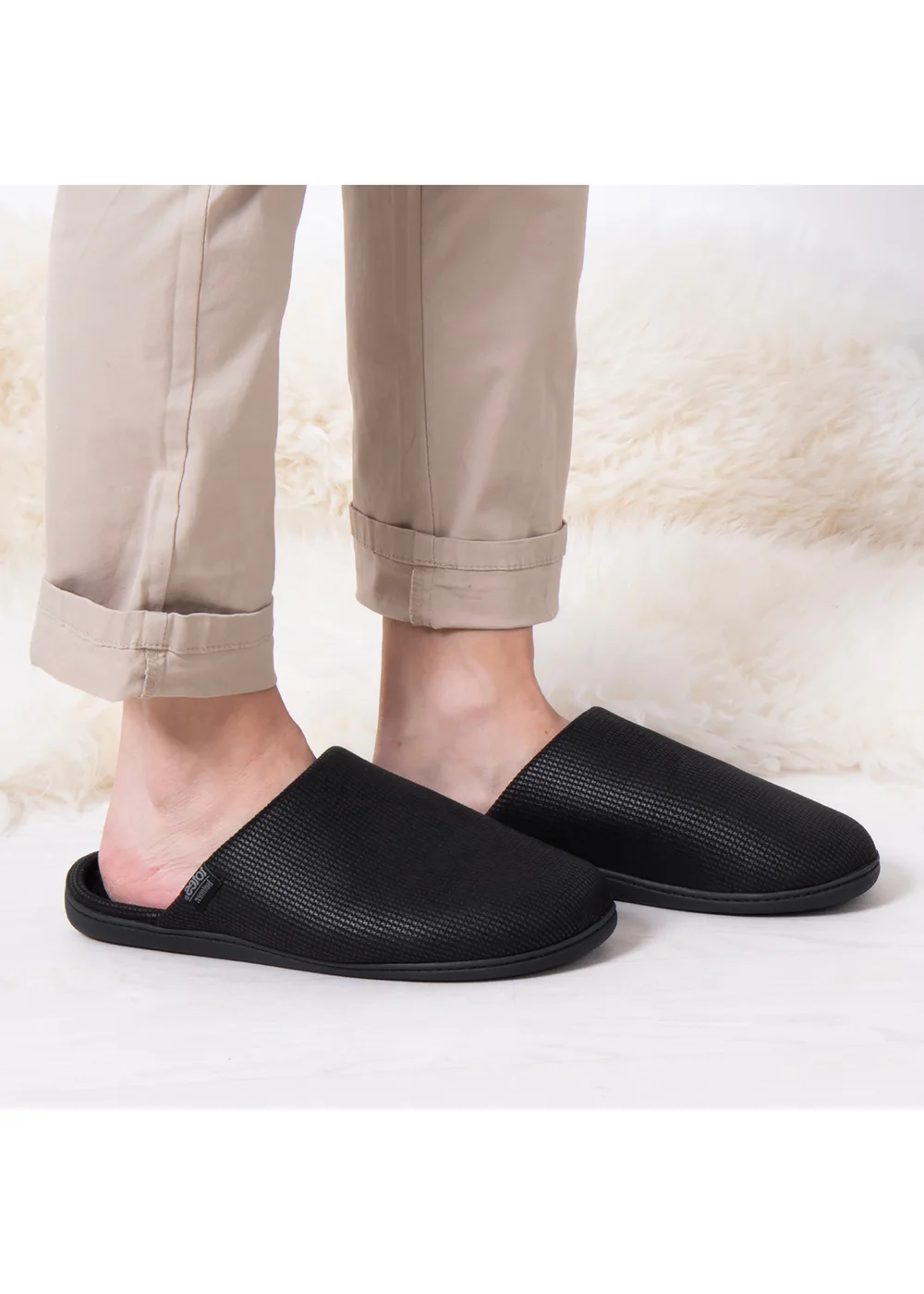 Totes Isotoner Black Square Patterned Smart Mule Slipper - 10 Image 2