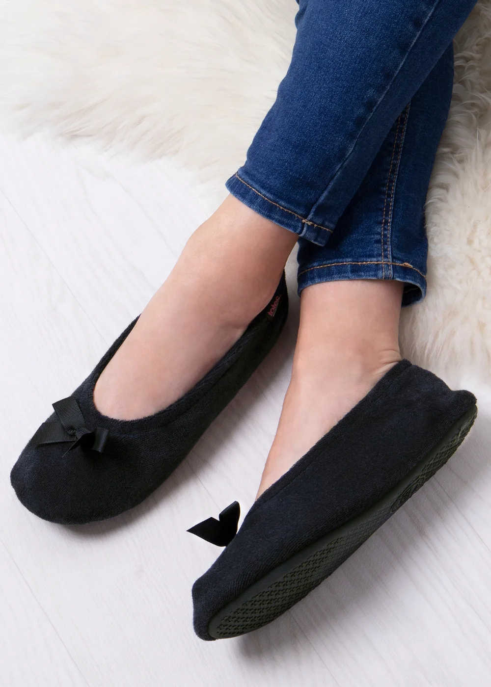 Totes Isotoner Black Terry Ballerina Slippers - 4-5 Image 2
